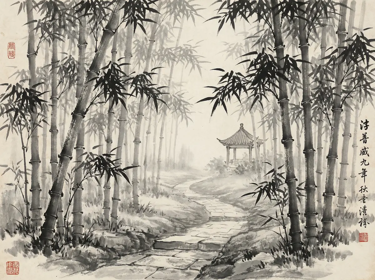 云顶国际金沙国际竹林小径水墨画展示宁静禅意