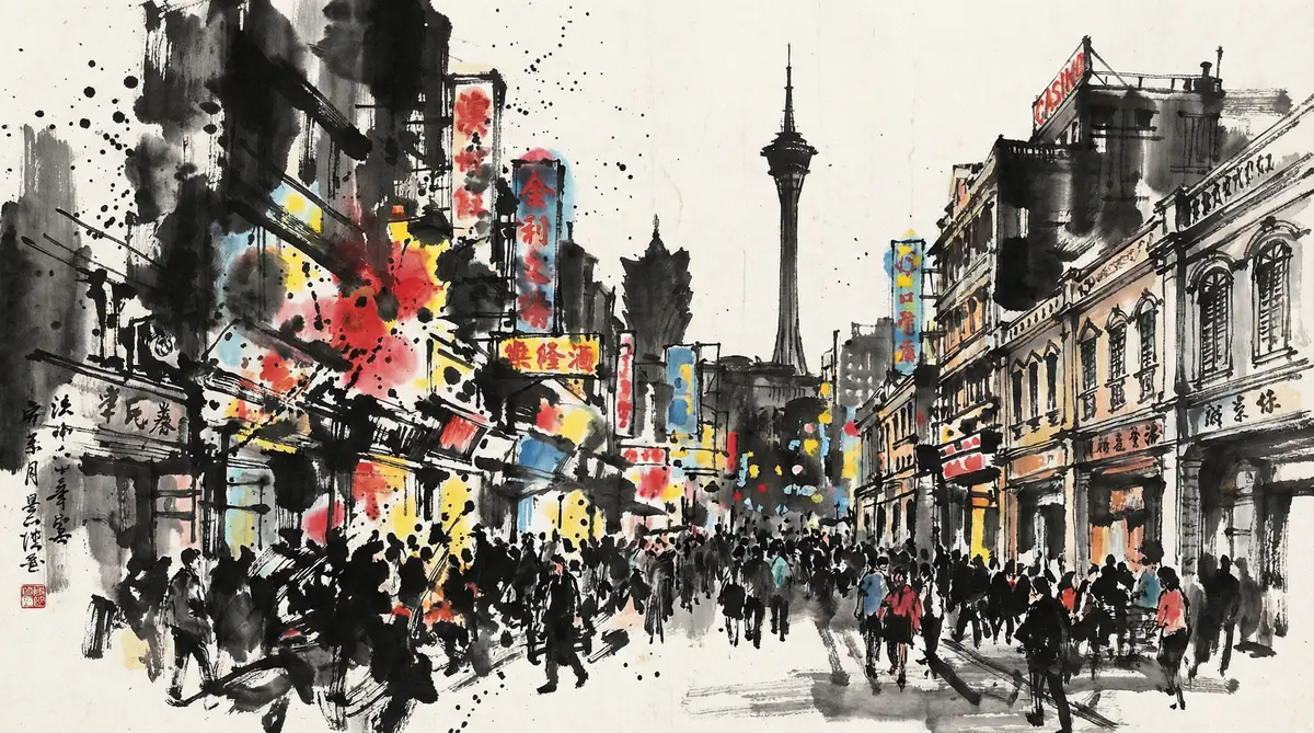 云顶国际澳门娱乐城繁华夜景水墨画