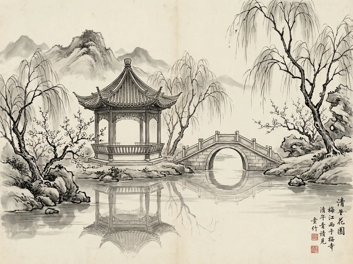 云顶国际水墨画中的亭台楼阁与石桥倒影