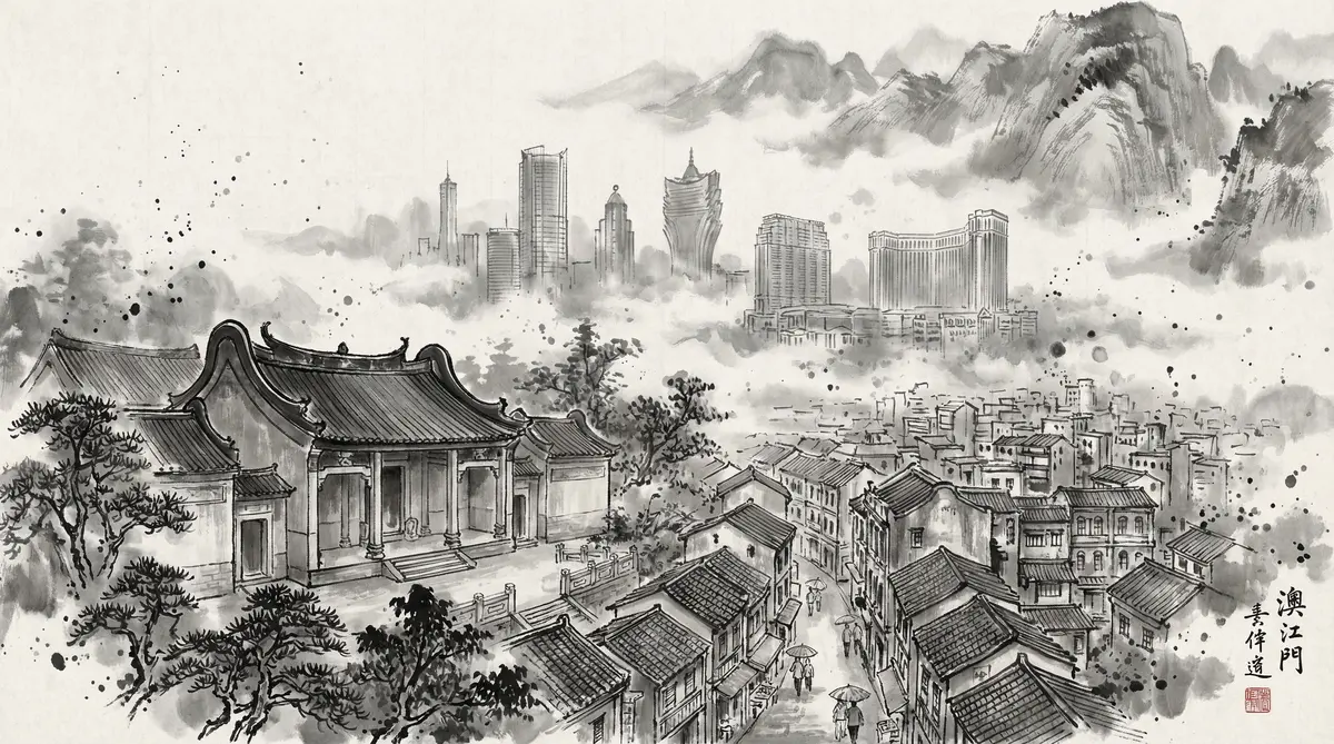 云顶国际水墨国风全景画卷展现澳门古老街巷与现代酒店建筑群