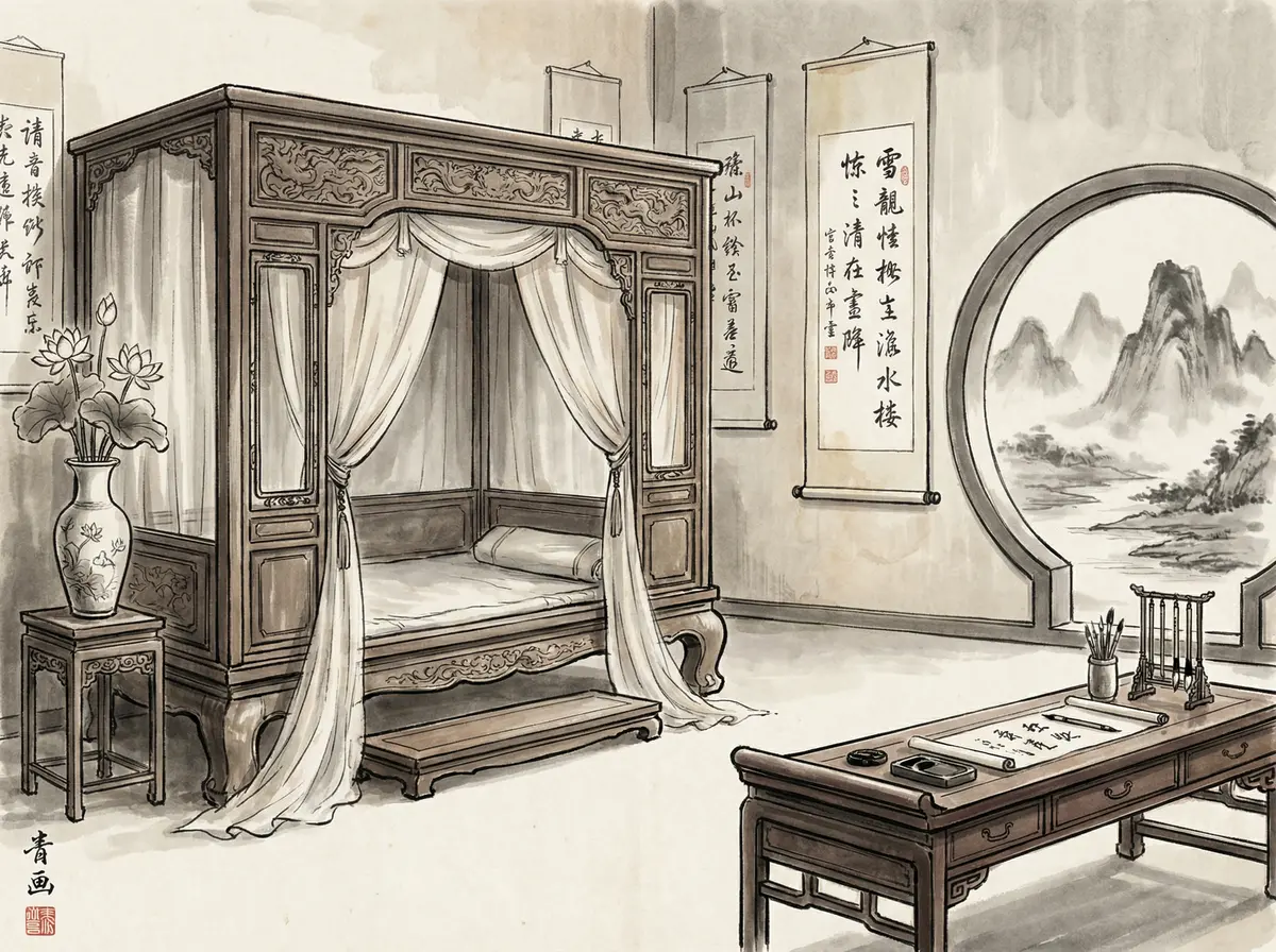 云顶国际水墨主题豪华客房内景展示红木家具与书法挂轴