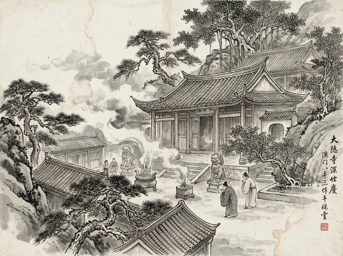 云顶国际推荐澳门妈阁庙水墨画风格