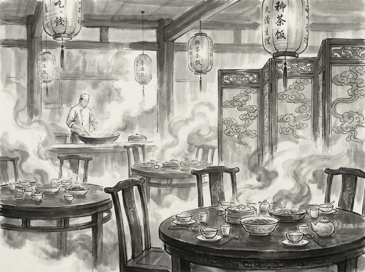 云顶国际墨香食府水墨风格中餐厅内景展示传统瓷器餐具与雕花屏风